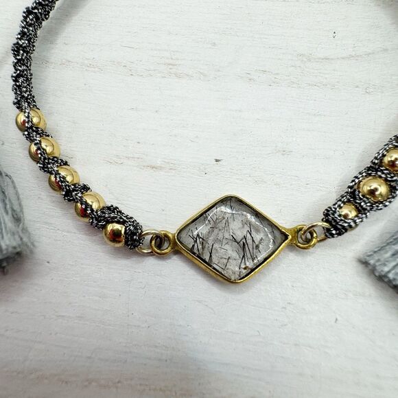 Rutilated Quartz Metric Silver Gold Bead Slide Bracelet Bohemian Boho Adjustable - Picture 5 of 8